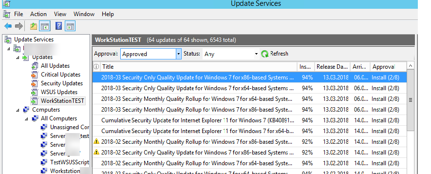 список обновлений одобренных на тестовую группу wsus