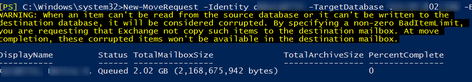 New-MoveReques TargetDatabase BadItemLimit 