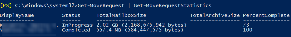 Get-MoveRequest PercentComplete Completed