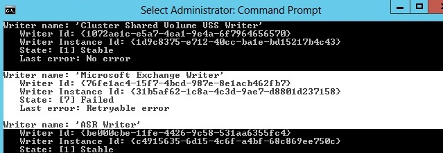 vssadmin list writers State: [7] Failed Last error: Retryable error