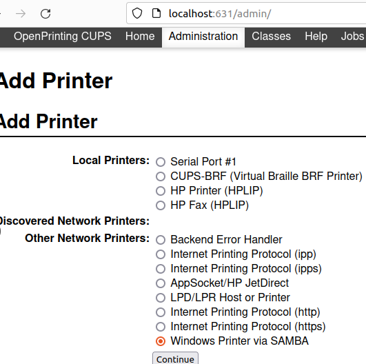 Добавить Windows Printer via SAMBA в CUPS