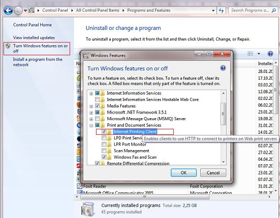 Включить поддержку IPP печати в windows7 Включить поддержку IPP печати в windows7