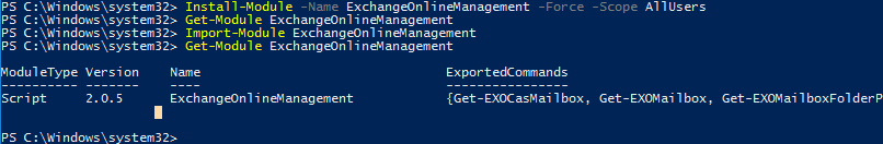 установка модуля EXOv2 (ExchangeOnlineManagement в Windows