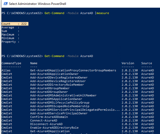 командлеты в модуле AzureAD