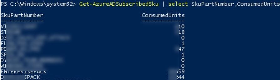 Get-AzureADSubscribedSku - доступные лицензии azure