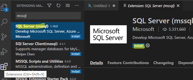 установка расширения mssql for Visual Studio Code 