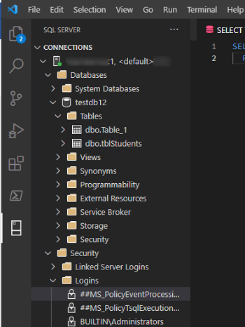 просмотр объектов SQL Server из VS Code