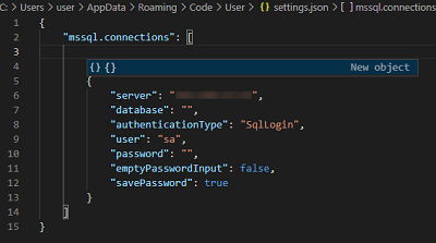 json параметры подключения к базе данных mssql из vscode