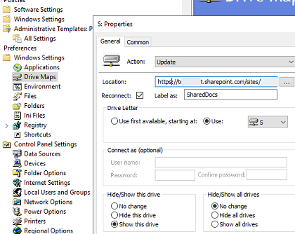 подключить сетевой диск с sharepoint через GPO