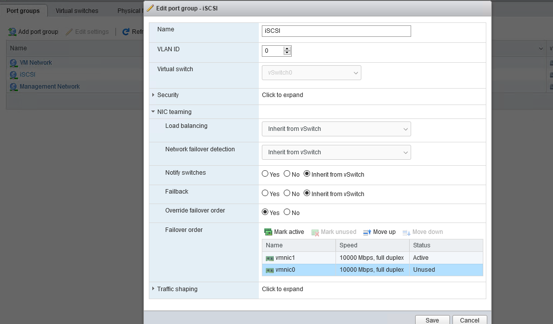 отключить management аплинк для iscsi port groups