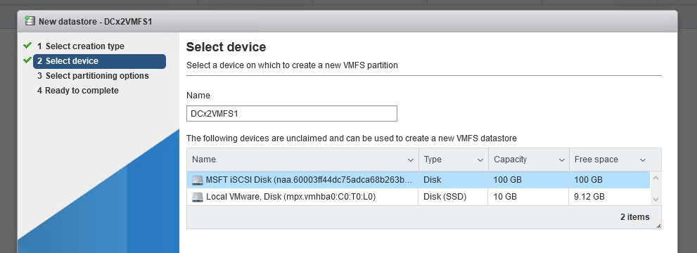 создать vmfs датастору на iscsi диске