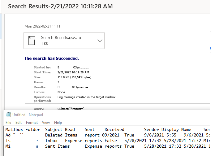 csv отчет с результатами поиска письма по ящикам exchange