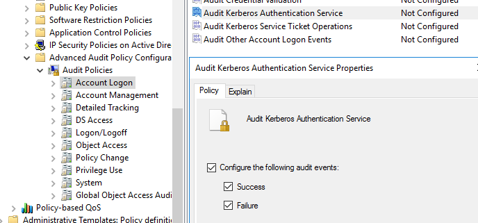 включить политику аудита Audit Kerberos Authentication Service