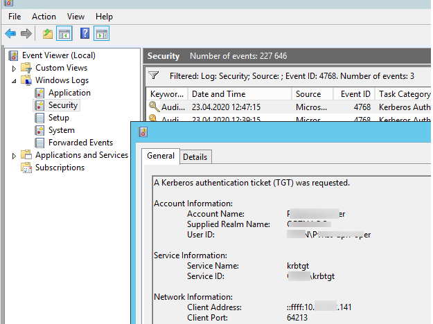 4768 - A Kerberos authentication ticket (TGT) was requested