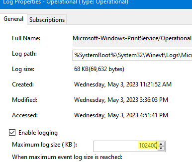 увеличить размер лога печати в event viewer