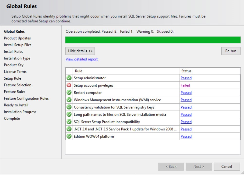 Установка SQL Server прерывается при проверке Setup account privileges