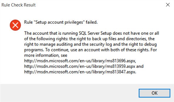 Rule “Setup account privileges” failed