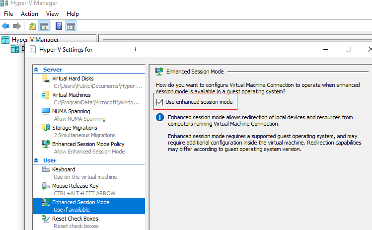 включить Enhanced Session Mode в hyperv