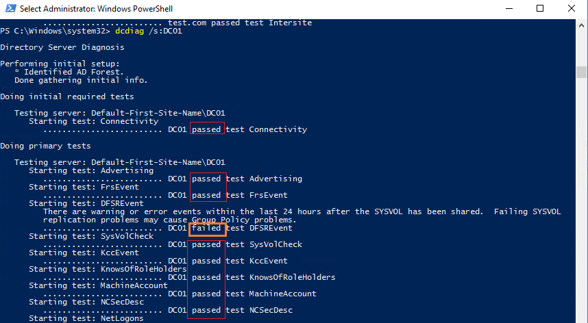 dcdiag проверка состояния контроллера домена active directory