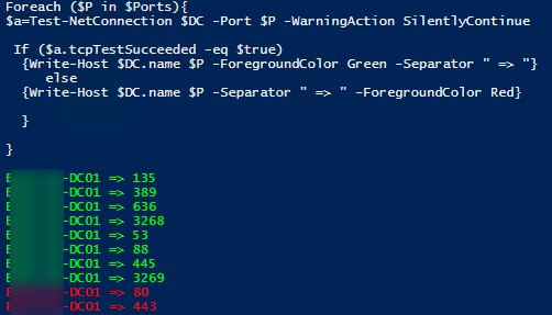 powershell: test-netconnection проверить порты на конроллерах домена