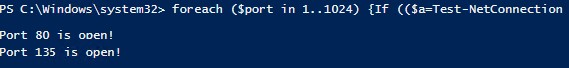 powershell сканирование открытых сетевых портов
