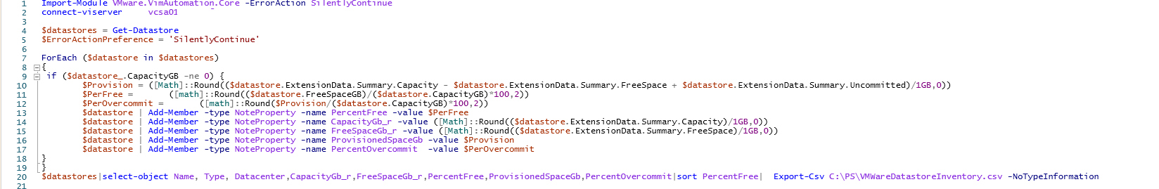 powershell скрипт для мониторинга места на vmware хранилищах в vSphere