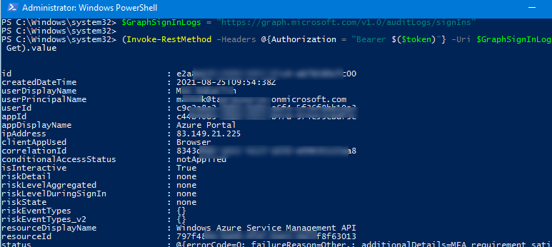 получение логов входов пользователей в azure через graph api