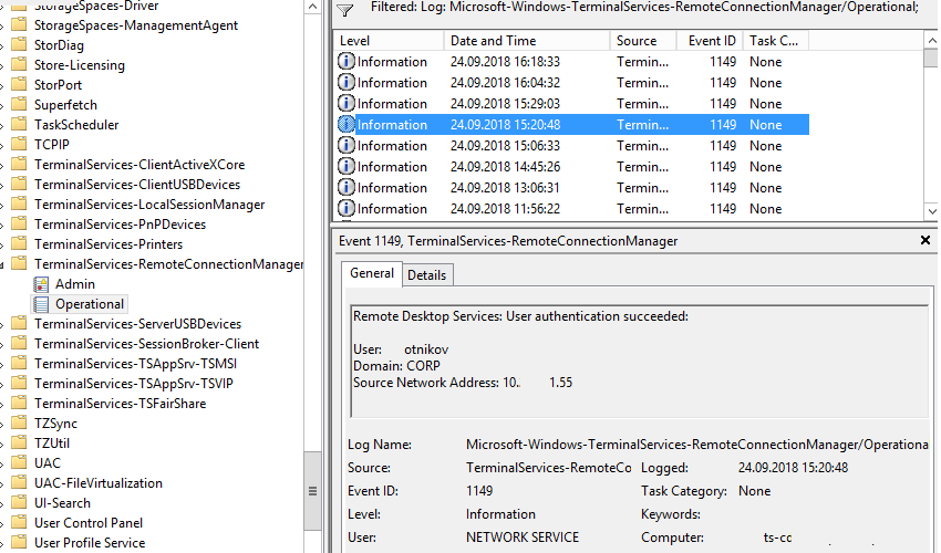 Remote Desktop Services: User authentication succeeded