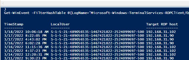 powershell вывести история RDP подключений на клиентском компьютере