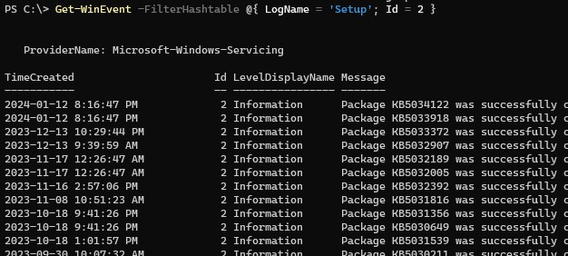 powershell: получить список установленных обновлений
