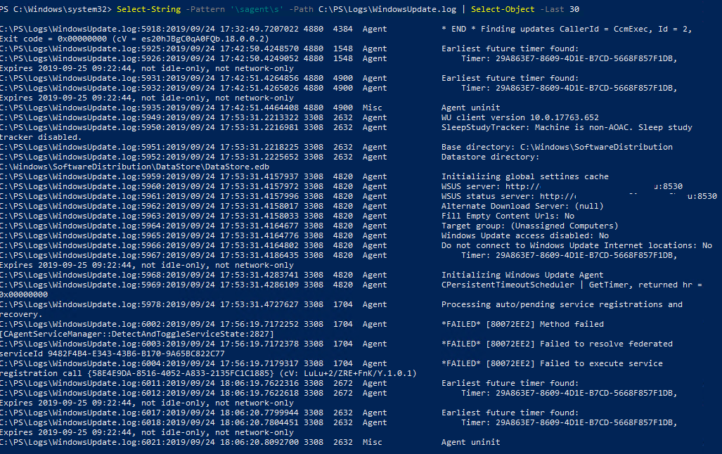 фильтрация WindowsUpdate.log с помощью powershell