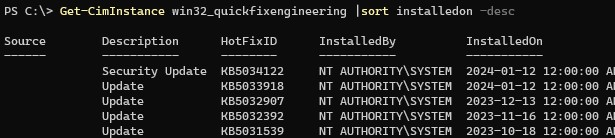 win32_quickfixengineering вывести историю установки обновлений