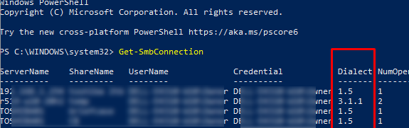 Get-SMBConnection вывести в powershell версии smb, исопльзуемые для подключения