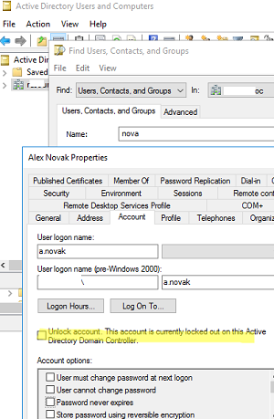 разлокировать пользователя через консоль ADUC