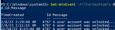 powershell вывести все события разблокирвки учетных записей