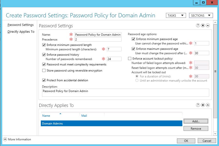 Настройки парольной политики Fine-Grained Password Policy 