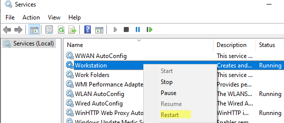 перезапустить службу Workstation 