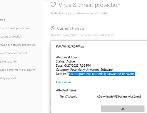 Антвирус определеяет RDPwrapper как PUA-Win32-RDPWrap
