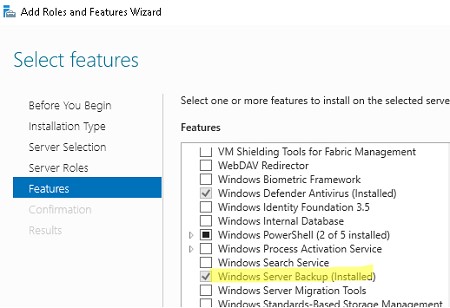 Установка компонента Windows Server Backup