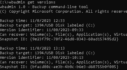 wbadmin get versions - список доступных резервных копий машин