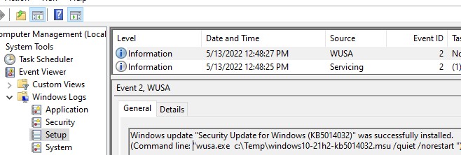 лог установки обновлений windows в event viewer