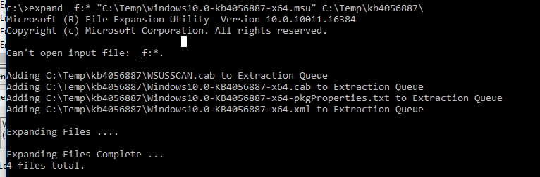 команда expand для распаковки msu пакета и получения cab файла
