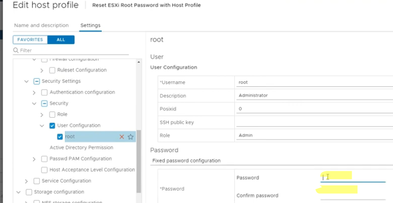 задать новый пароль root через host profile