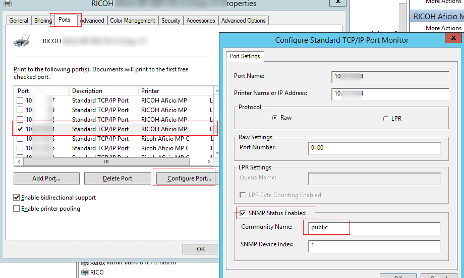 SNMP Status Enabled (Состояние SNMP разрешено) в настройках принтера