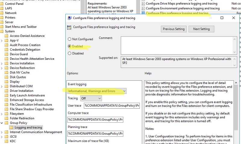 включить лог групповой политики копирования файлов