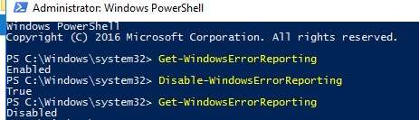 Disable-WindowsErrorReporting -отключитьWER с помощью PowerShell