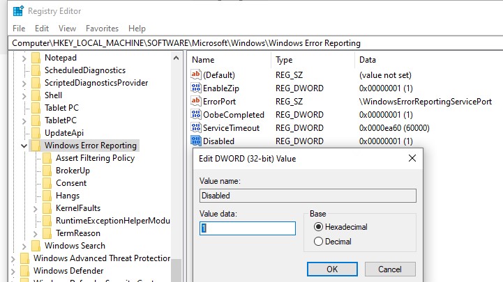 отключить windows error reporting через системный реестр