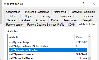 атрибут msDS-KeyVersionNumbe