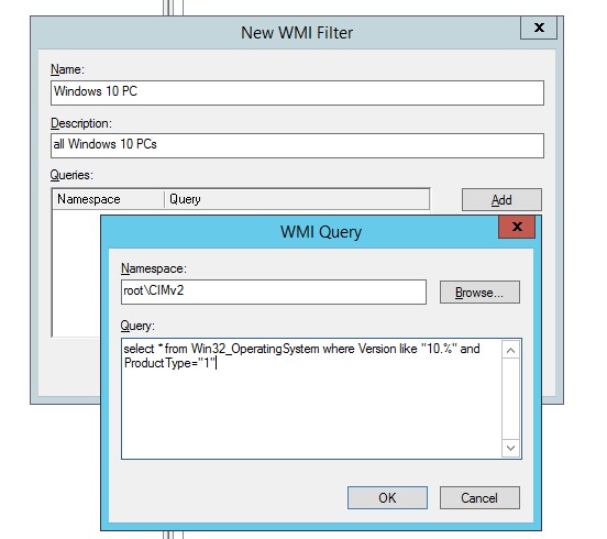код запроса wmi фильтра GPO для windows 10
