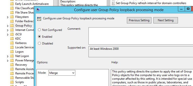 замыкание GPO - Configure user Group Policy loopback processing mode